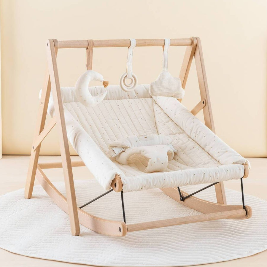 Luxury Nobodinoz Growing Green Baby Bouncer Cover, organic cotton polka dot, handcrafted premium design, sweet honey dots, beech wood frame by Ella James at brixbailey.com