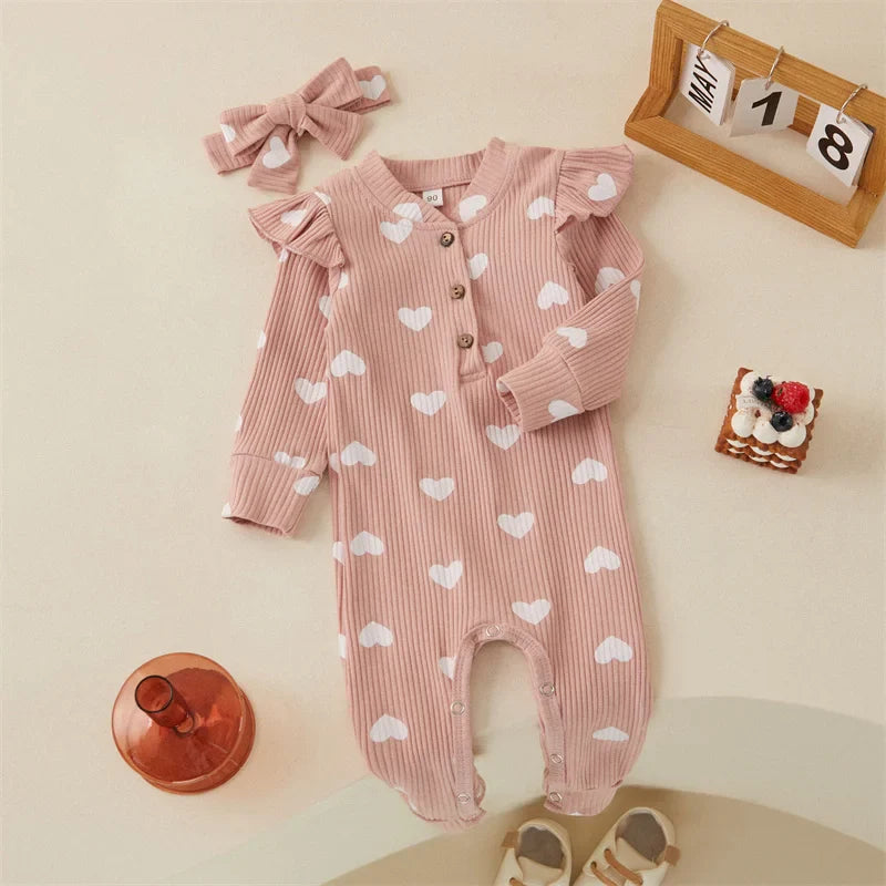 Heart Print Romper & Bow Headdress Set for Baby Girls - Soft Polyester Spring & Autumn Outfit by Baby Lamby at brixbailey.com