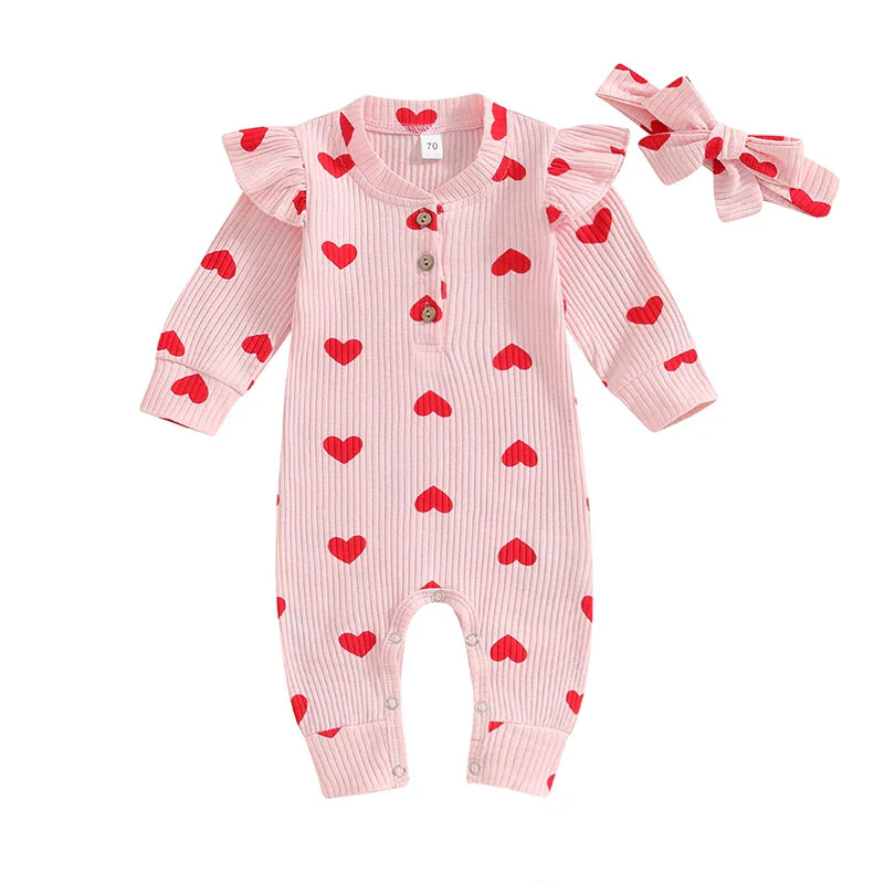 Heart Print Romper + Bow Headdress Set for Baby Girls - Soft Polyester Spring & Autumn Outfit by Baby Lamby at brixbailey.com