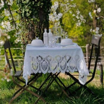 Luxury Tuscany bistro lace vinyl tablecloth, off white, elegant laser-cut crochet pattern, indoor outdoor square tablecloth by Ella James at brixbailey.com