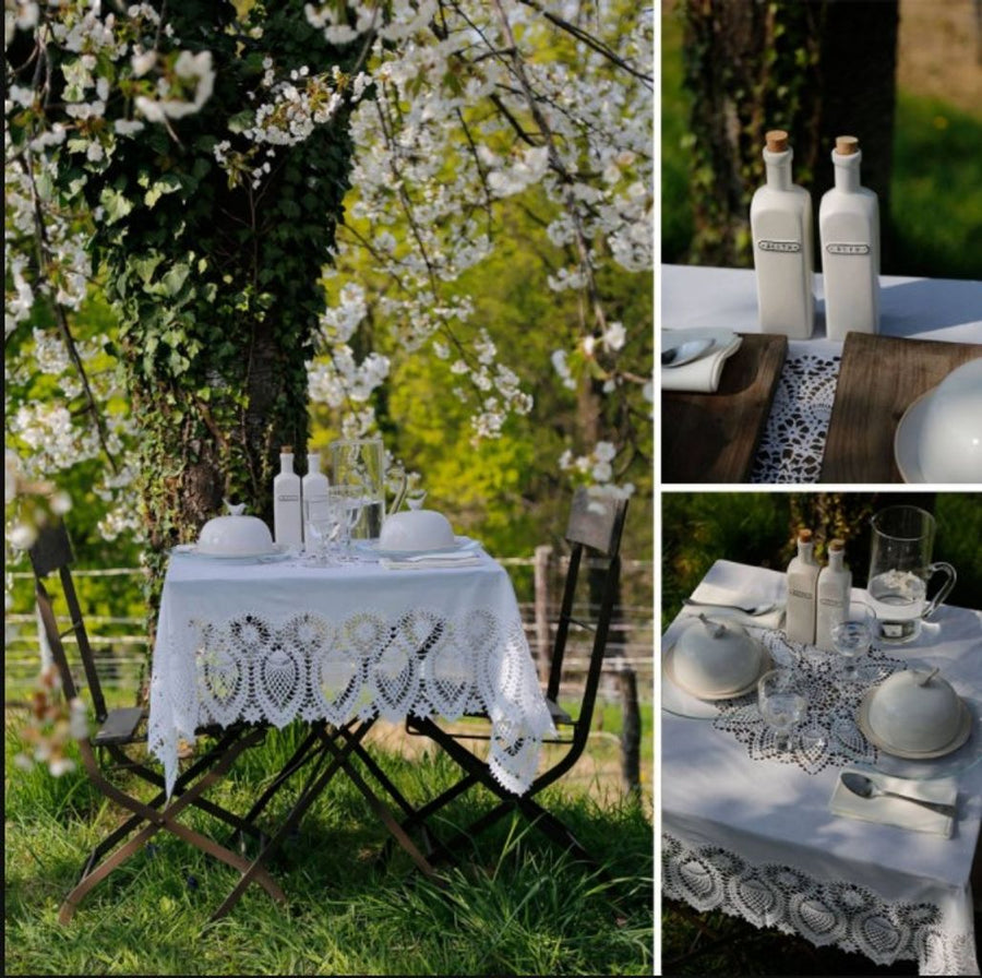 Luxury Tuscany Bistro Lace Vinyl Tablecloth, Off White, Laser-Cut Crochet Pattern, Stylish Indoor Outdoor Square Tablecloth by Ella James at brixbailey.com