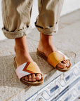 Premium vegan sandals in mustard, terracotta, white, pink with comfortable strap, cushioned footbed, non-slip sole, eco-friendly fair fashion by Fünve at brixbailey.com