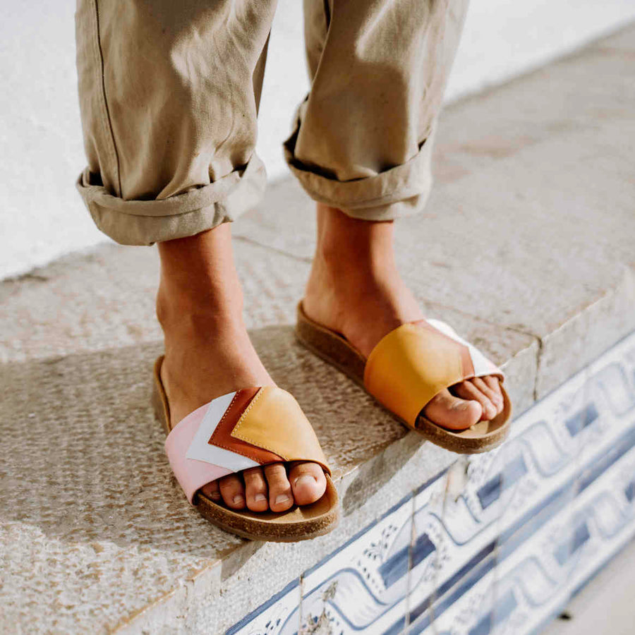 Premium vegan sandals in mustard, terracotta, white, pink with comfortable strap, cushioned footbed, non-slip sole, eco-friendly fair fashion by Fünve at brixbailey.com