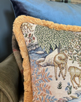 William Morris Deer garden tapestry cushion with mustard gold fringing