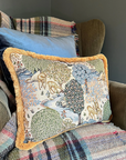 William Morris Deer garden tapestry cushion with mustard gold fringing