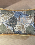 William Morris Deer garden tapestry cushion with mustard gold fringing
