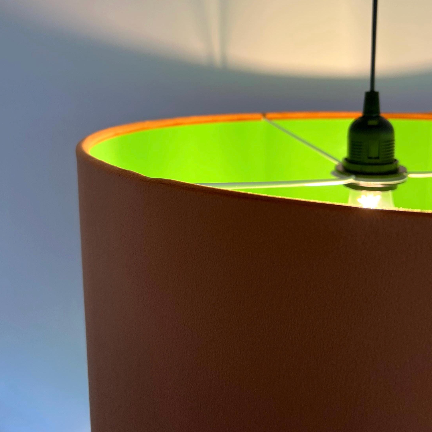 Burnt Orange Velvet &amp; Green Cotton Double Sided Drum Lampshade | Handmade Ceiling Light Shade | Bespoke UK