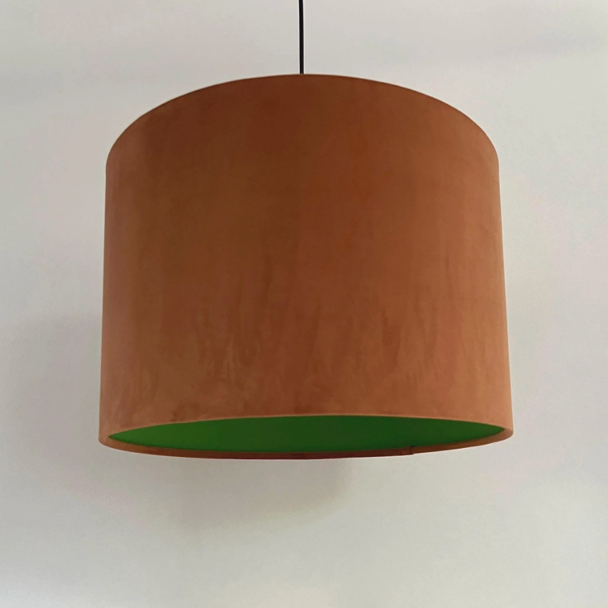 Burnt Orange Velvet &amp; Green Cotton Double Sided Drum Lampshade | Handmade Ceiling Light Shade | Bespoke UK