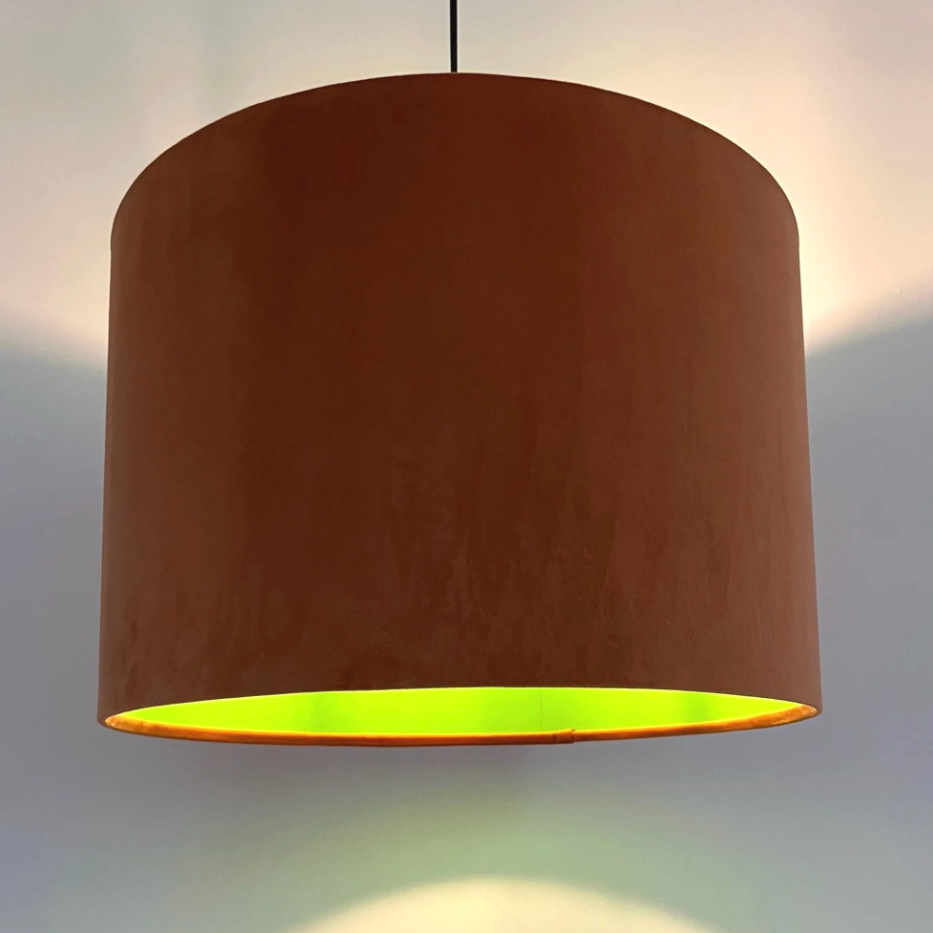 Burnt Orange Velvet &amp; Green Cotton Double Sided Drum Lampshade | Handmade Ceiling Light Shade | Bespoke UK