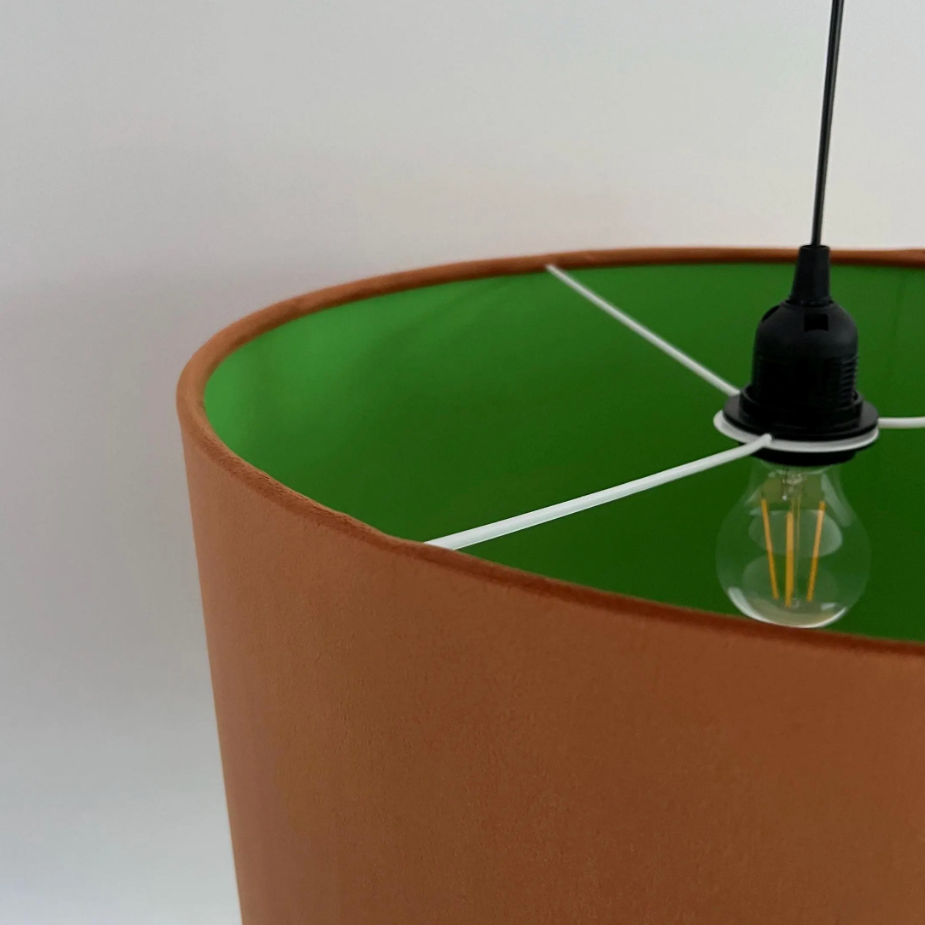 Burnt Orange Velvet &amp; Green Cotton Double Sided Drum Lampshade | Handmade Ceiling Light Shade | Bespoke UK