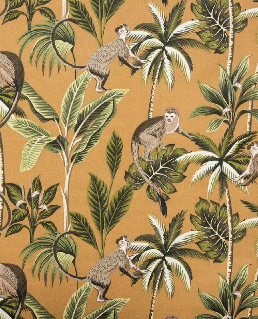 Jungle monkey cotton cone lampshade, in mustard, extra tall lampshade