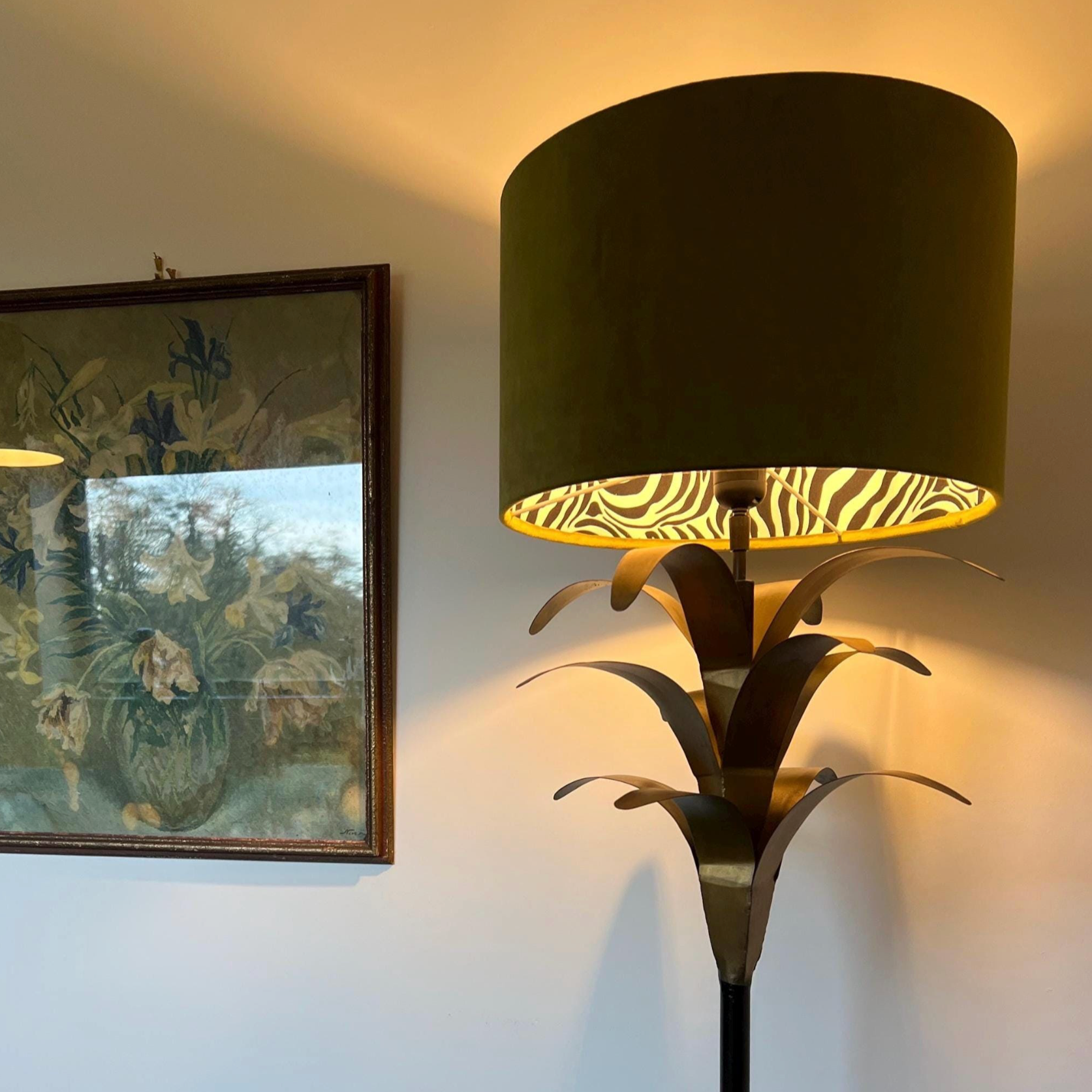 Olive Green Velvet &amp; Zebra Cotton Double Sided Drum Lampshade | Handmade Ceiling Light Shade | Bespoke UK