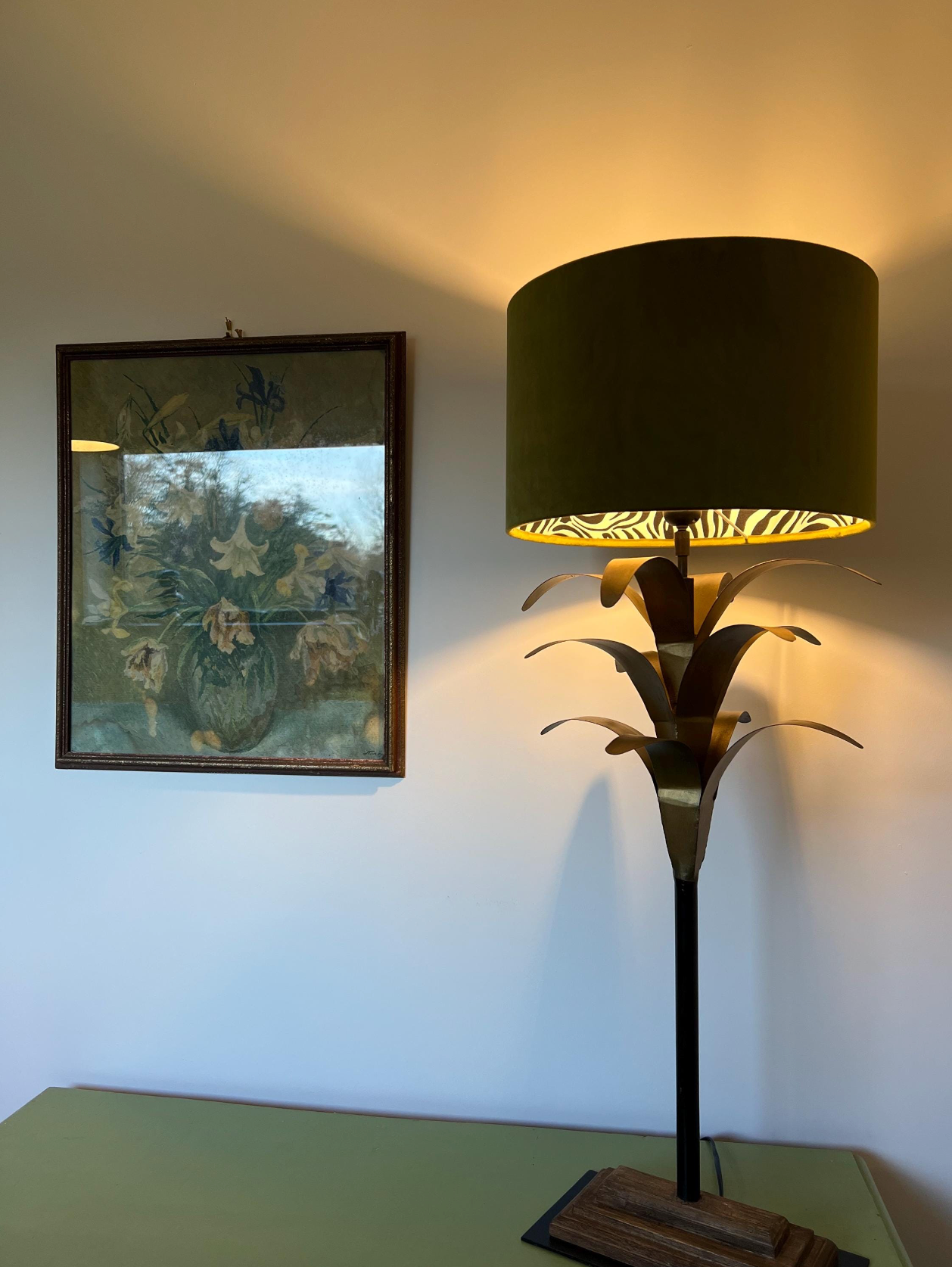Olive Green Velvet &amp; Zebra Cotton Double Sided Drum Lampshade | Handmade Ceiling Light Shade | Bespoke UK