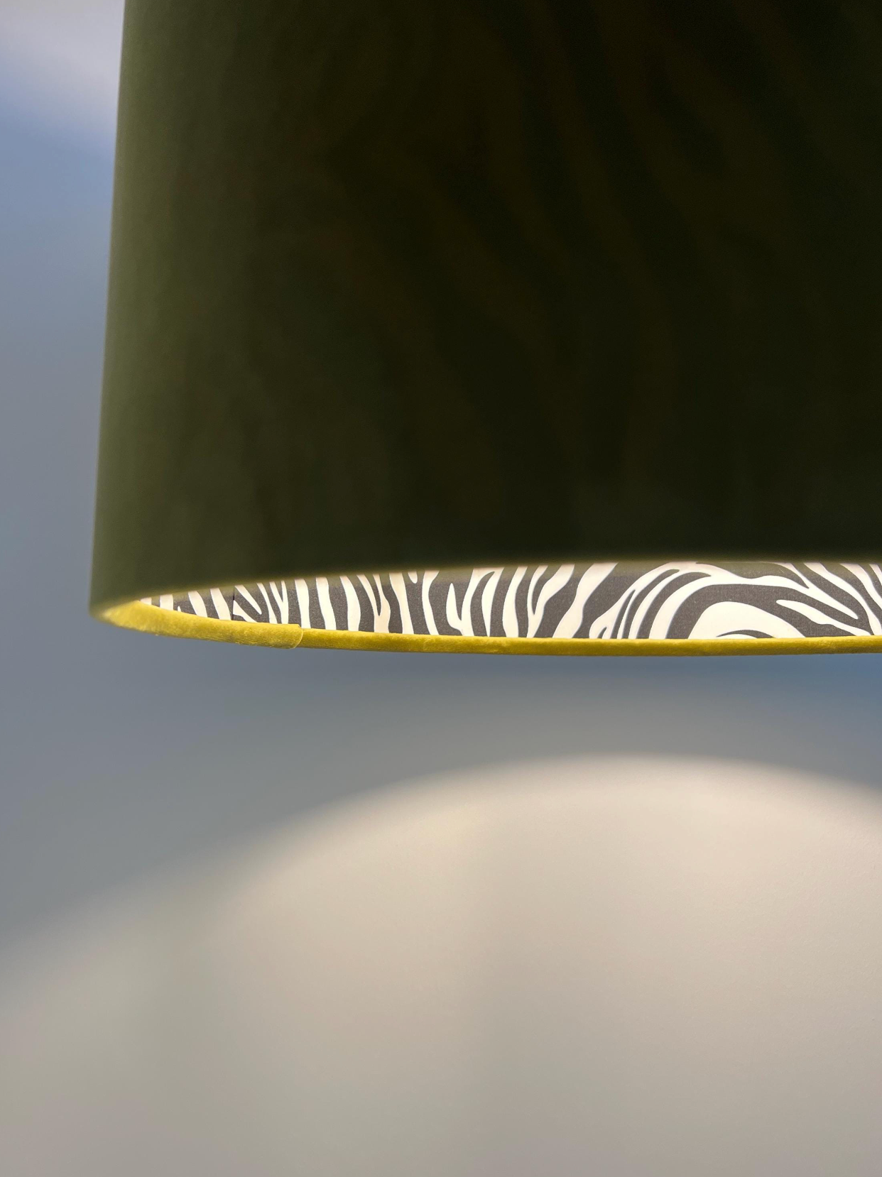 Olive Green Velvet &amp; Zebra Cotton Double Sided Drum Lampshade | Handmade Ceiling Light Shade | Bespoke UK