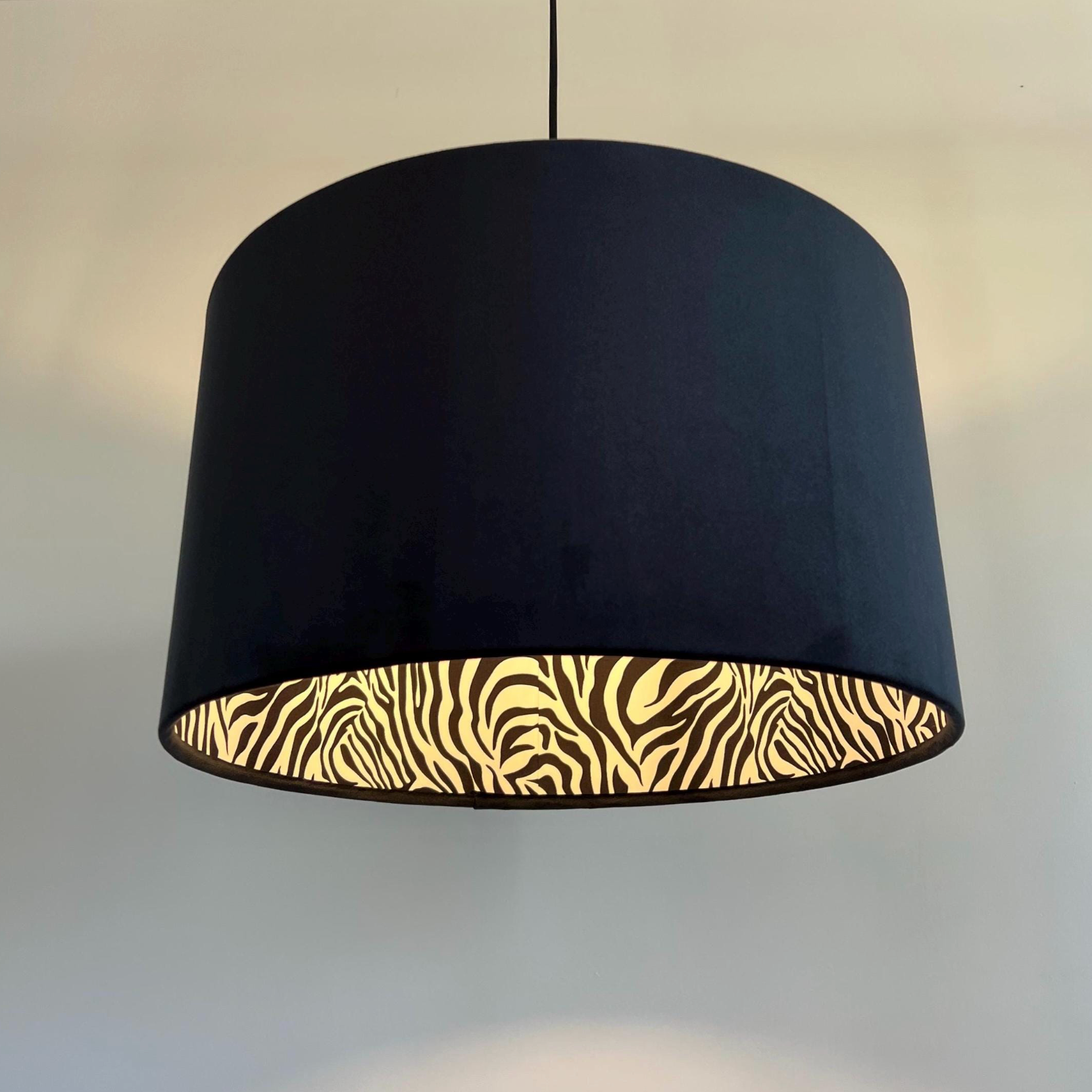 Black Velvet &amp; Zebra Cotton Double Sided Drum Lampshade | Handmade Ceiling Light Shade | Bespoke UK