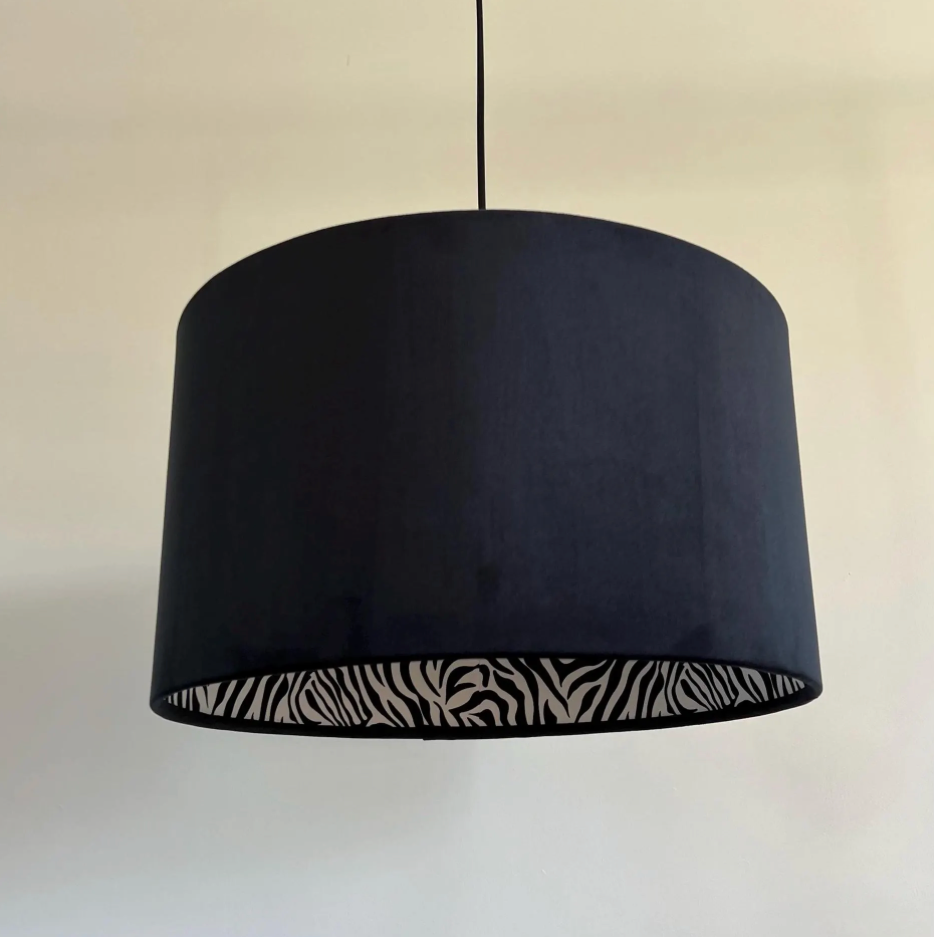Black Velvet &amp; Zebra Cotton Double Sided Drum Lampshade | Handmade Ceiling Light Shade | Bespoke UK