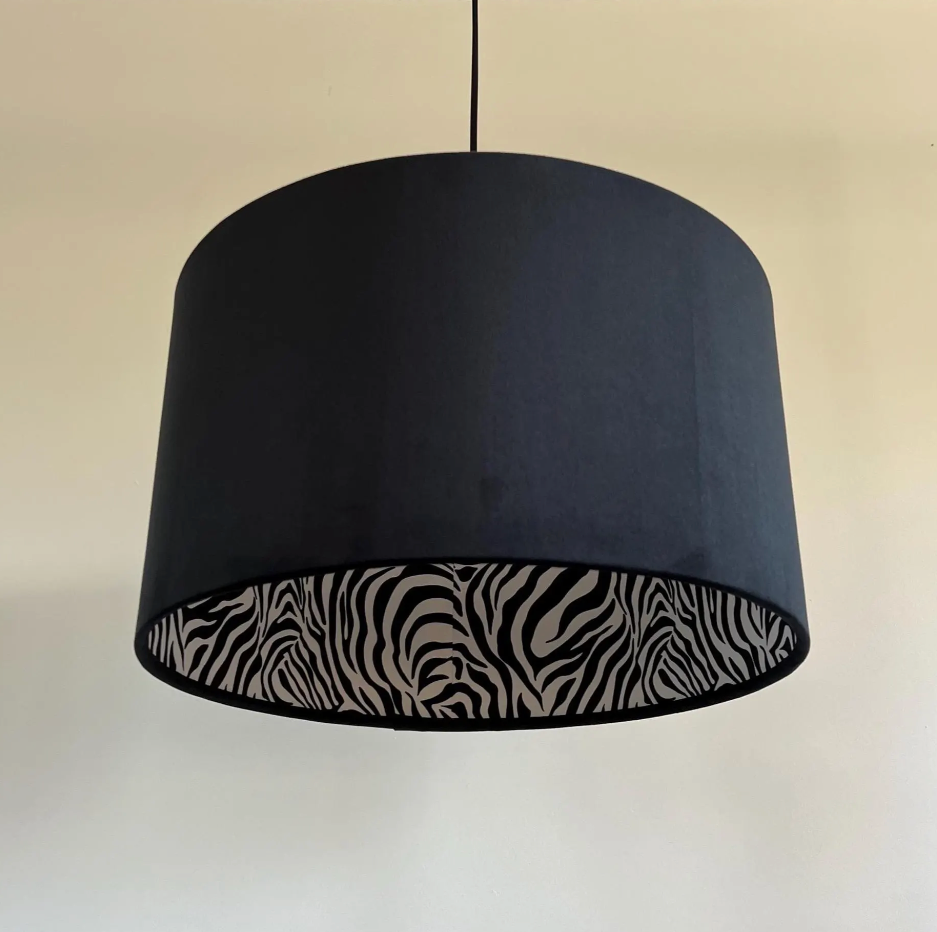 Black Velvet &amp; Zebra Cotton Double Sided Drum Lampshade | Handmade Ceiling Light Shade | Bespoke UK