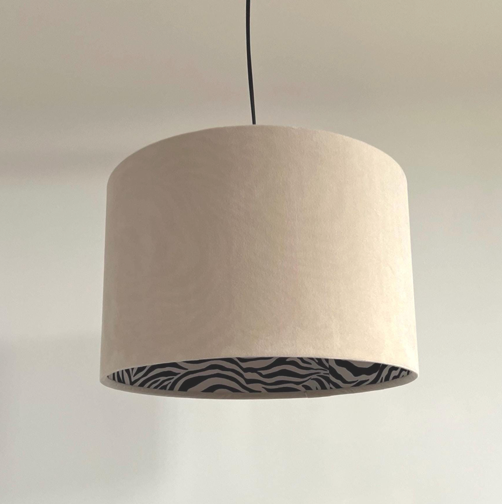 Cream Velvet &amp; Zebra Cotton Double Sided Drum Lampshade | Handmade Ceiling Light Shade | Bespoke UK
