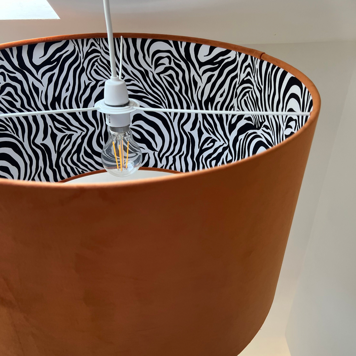 Burnt Orange Velvet &amp; Zebra Cotton Double Sided Drum Lampshade | Handmade Ceiling Light Shade | Bespoke UK