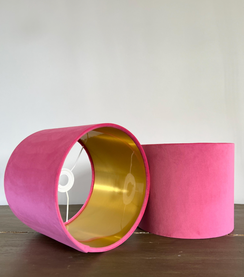 Hot Pink velvet drum lampshade/ ceiling shade with a metallic brushed gold lining