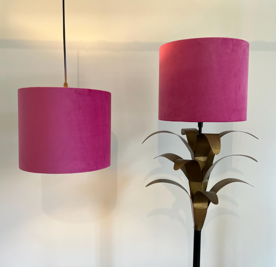 Hot Pink velvet drum lampshade/ ceiling shade with a metallic brushed gold lining