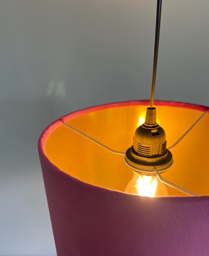 Hot Pink velvet drum lampshade/ ceiling shade with a metallic brushed gold lining