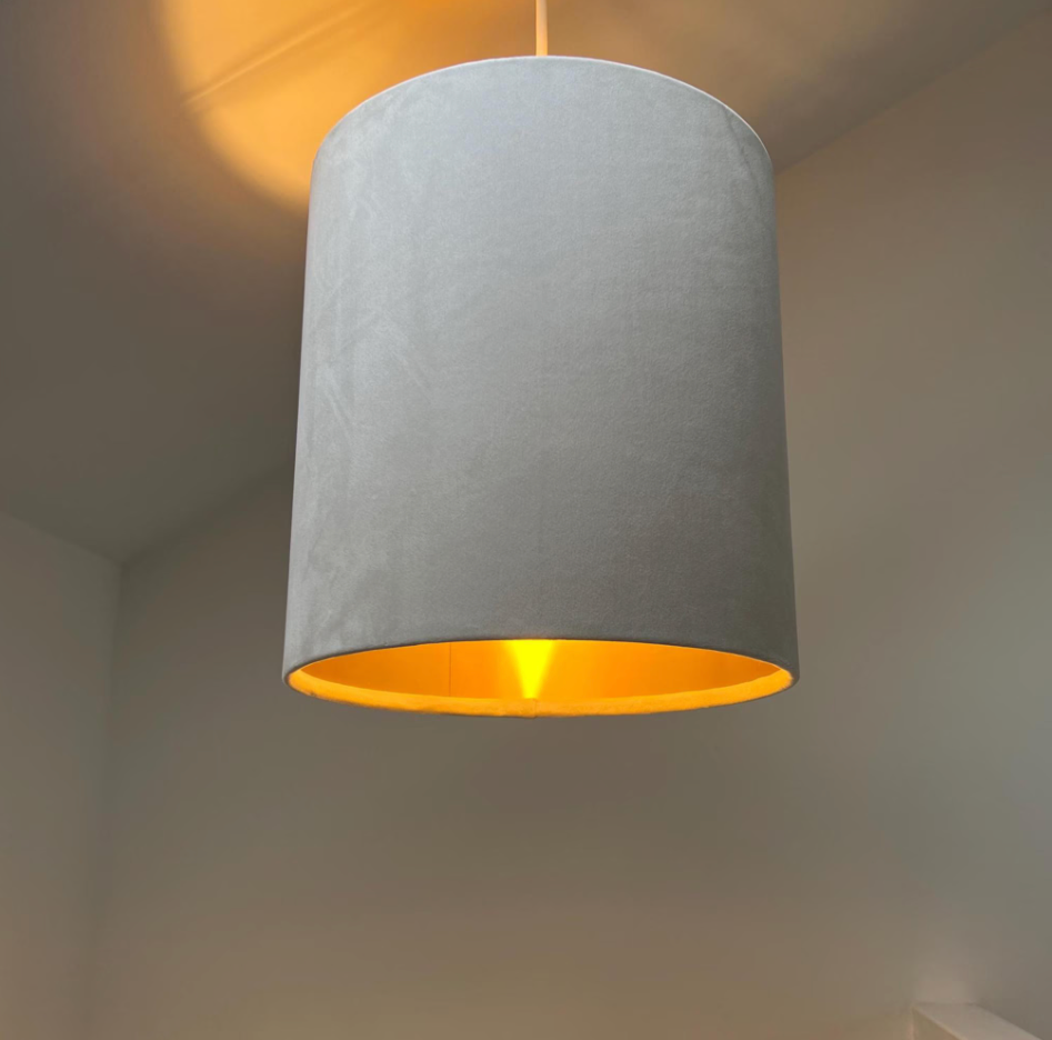 Cream velvet drum lampshade/ ceiling shade with a metallic brushed gold lining