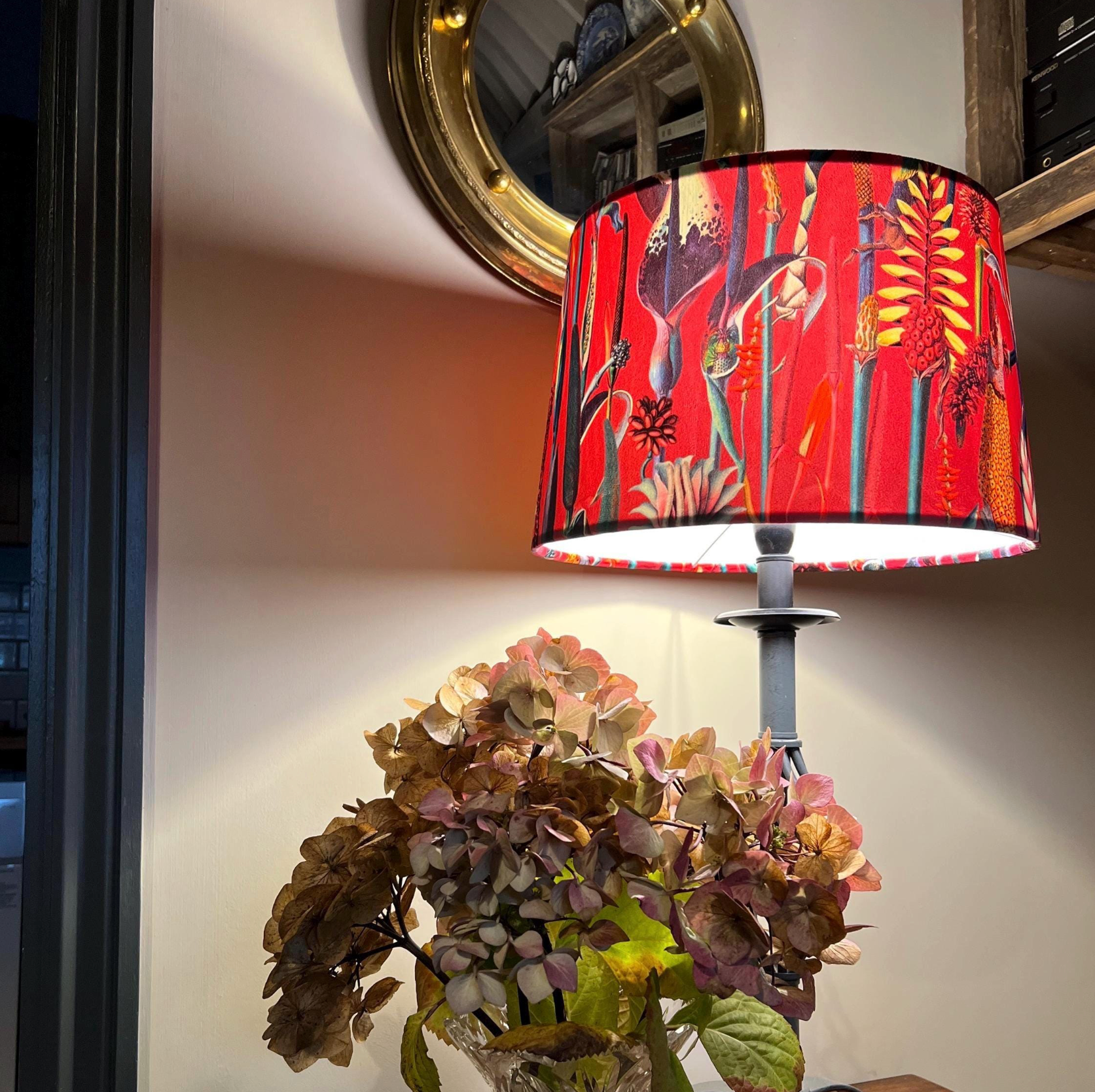 Cerise Botanical Velvet Lampshade | French Drum Ceiling Light Shade | Bespoke Handmade Empire Lampshade