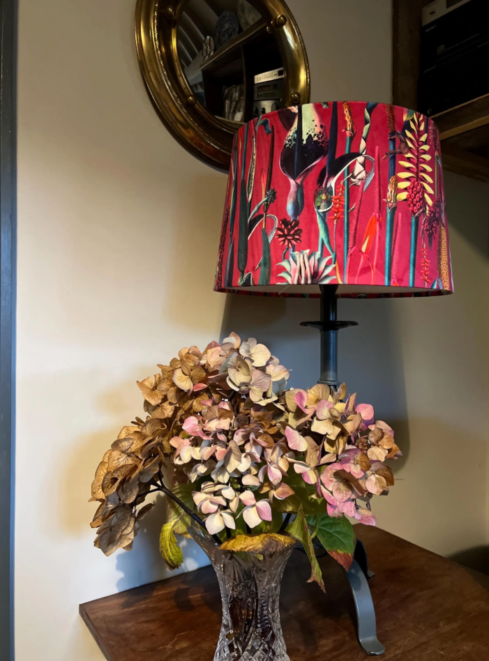 Cerise Botanical Velvet Lampshade | French Drum Ceiling Light Shade | Bespoke Handmade Empire Lampshade