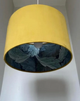 Mustard velvet drum lampshade/ ceiling light shade with blue leaves paper interior