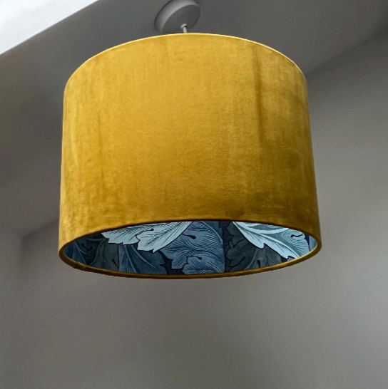 Mustard velvet drum lampshade/ ceiling light shade with blue leaves paper interior
