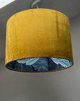 Mustard velvet drum lampshade/ ceiling light shade with blue leaves paper interior