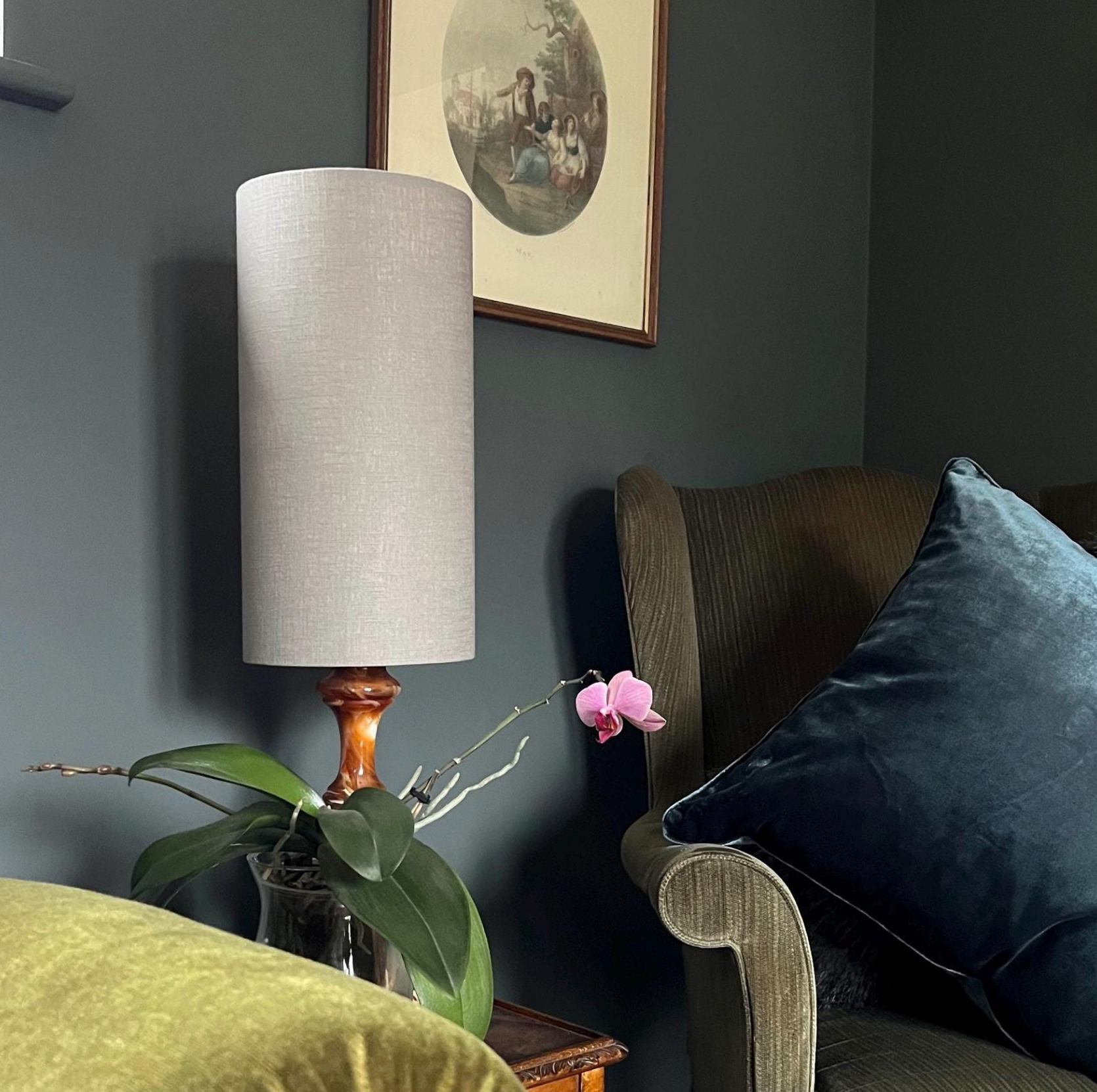 Light Grey Linen Lampshade | Extra Tall Cylinder Ceiling Light Shade | Bespoke Handmade UK