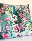 Peacock floral velvet throw cushion, in duck egg. Scatter cushion
