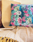 Peacock floral velvet throw cushion, in duck egg. Scatter cushion