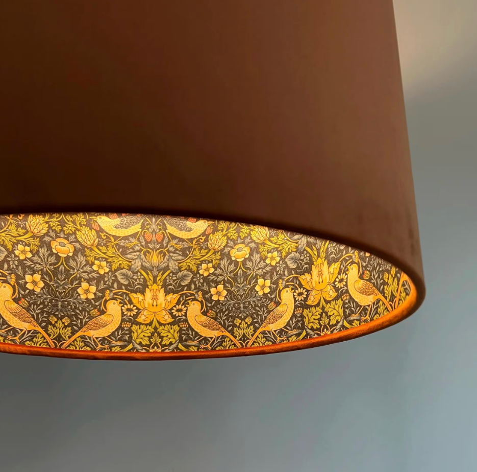 Burnt Orange Velvet &amp; Navy Strawberry Thief Double Sided Drum Lampshade | Handmade Ceiling Light Shade | Bespoke UK