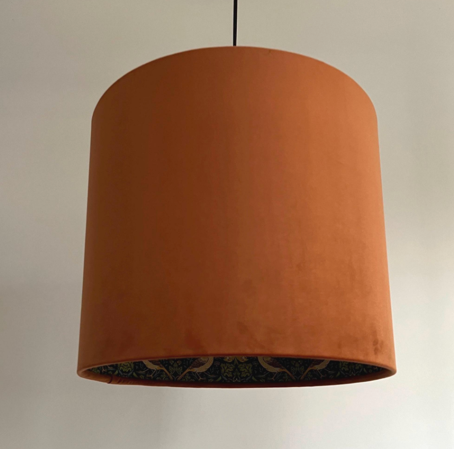 Burnt Orange Velvet &amp; Navy Strawberry Thief Double Sided Drum Lampshade | Handmade Ceiling Light Shade | Bespoke UK
