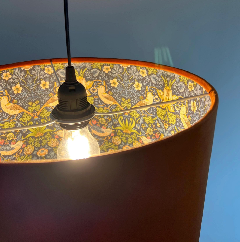 Burnt Orange Velvet &amp; Navy Strawberry Thief Double Sided Drum Lampshade | Handmade Ceiling Light Shade | Bespoke UK