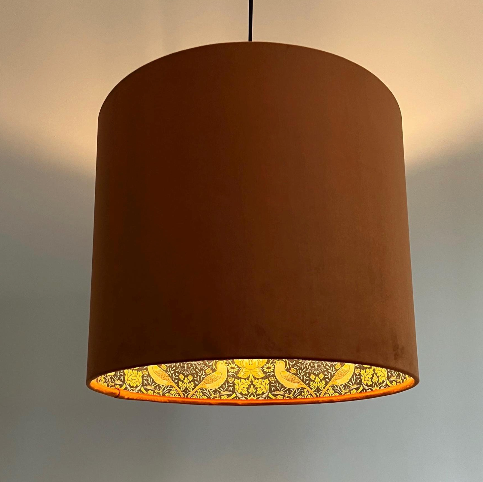 Burnt Orange Velvet &amp; Navy Strawberry Thief Double Sided Drum Lampshade | Handmade Ceiling Light Shade | Bespoke UK