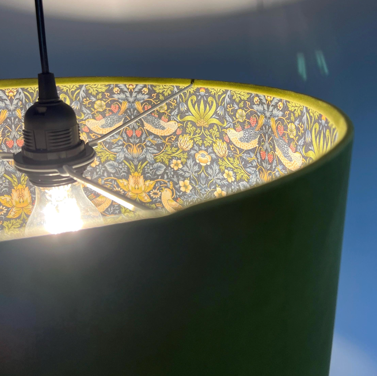 Olive Green Velvet &amp; Navy Strawberry Thief Double Sided Drum Lampshade | Handmade Ceiling Light Shade | Bespoke UK
