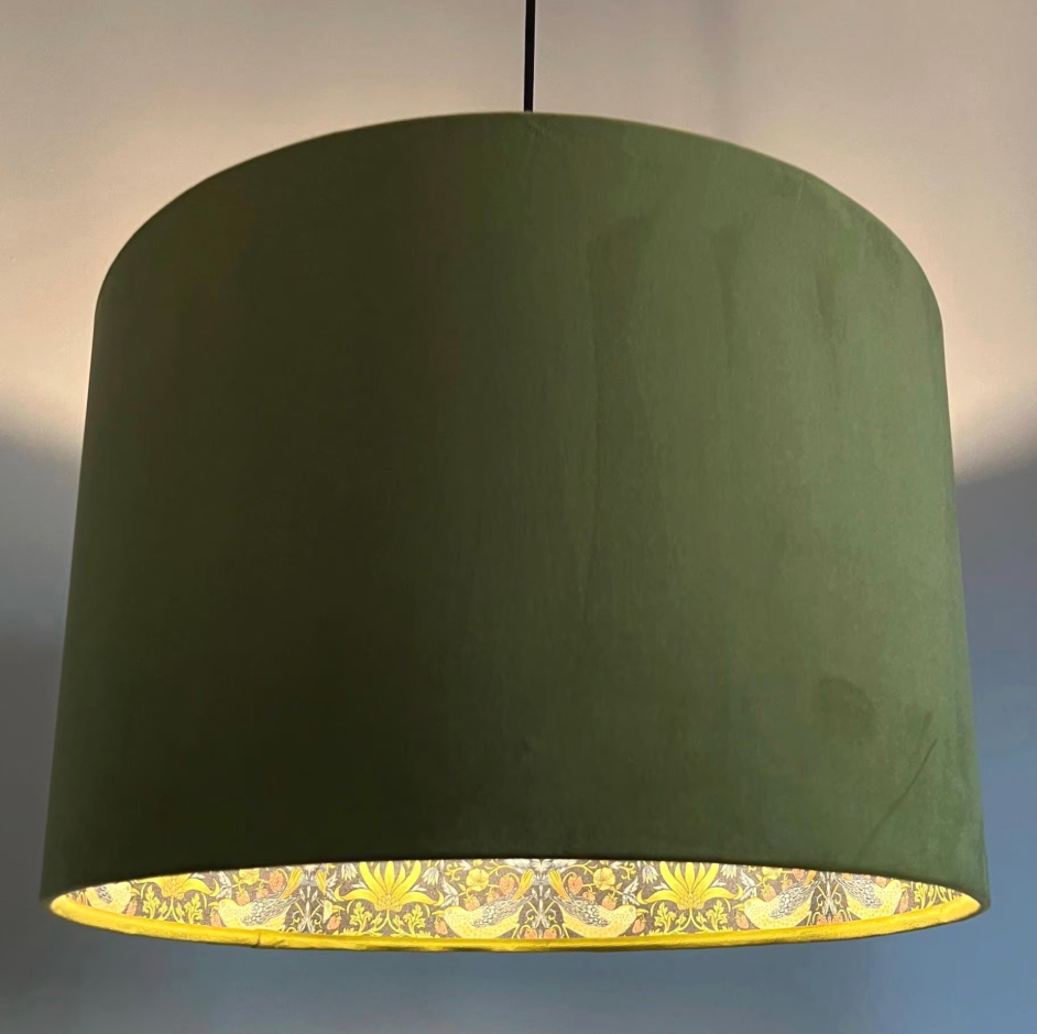 Olive Green Velvet &amp; Navy Strawberry Thief Double Sided Drum Lampshade | Handmade Ceiling Light Shade | Bespoke UK