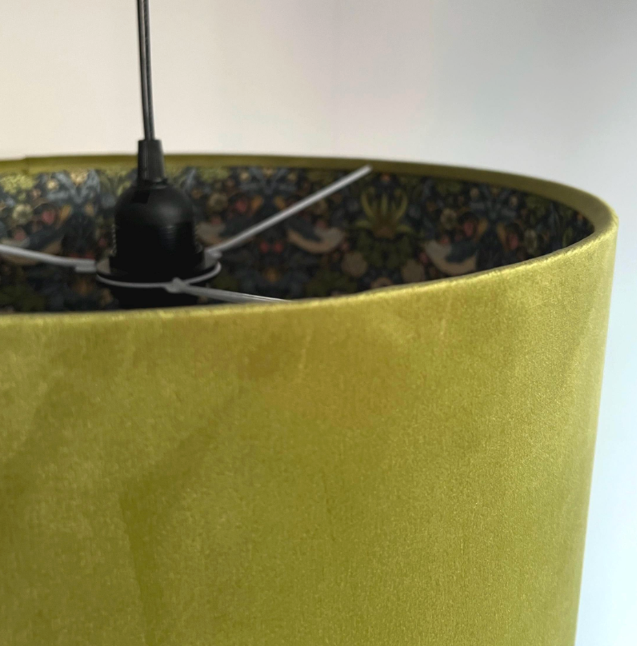 Olive Green Velvet &amp; Navy Strawberry Thief Double Sided Drum Lampshade | Handmade Ceiling Light Shade | Bespoke UK