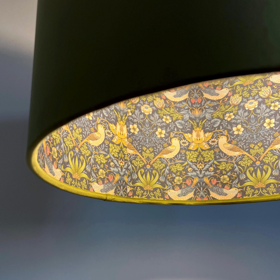 Olive Green Velvet &amp; Navy Strawberry Thief Double Sided Drum Lampshade | Handmade Ceiling Light Shade | Bespoke UK