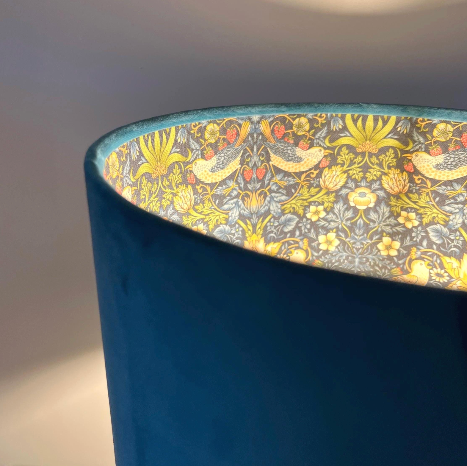 Teal Velvet &amp; Navy Strawberry Thief Double Sided Drum Lampshade | Handmade Ceiling Light Shade | Bespoke UK