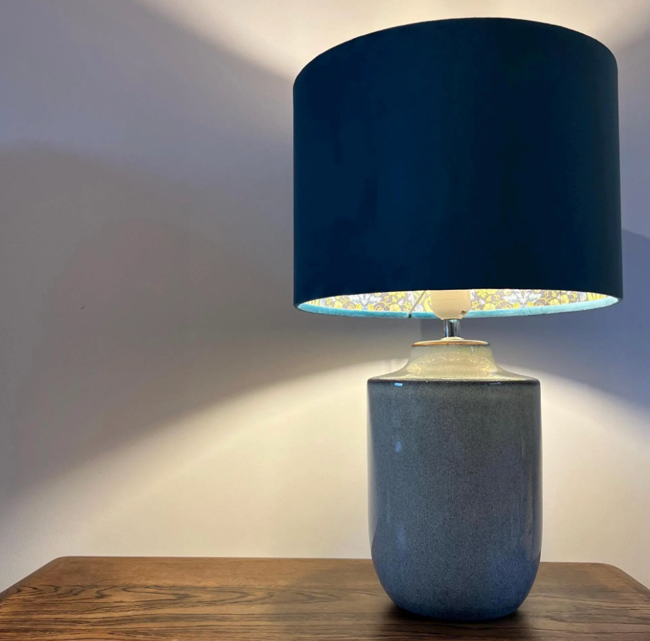 Teal Velvet &amp; Navy Strawberry Thief Double Sided Drum Lampshade | Handmade Ceiling Light Shade | Bespoke UK
