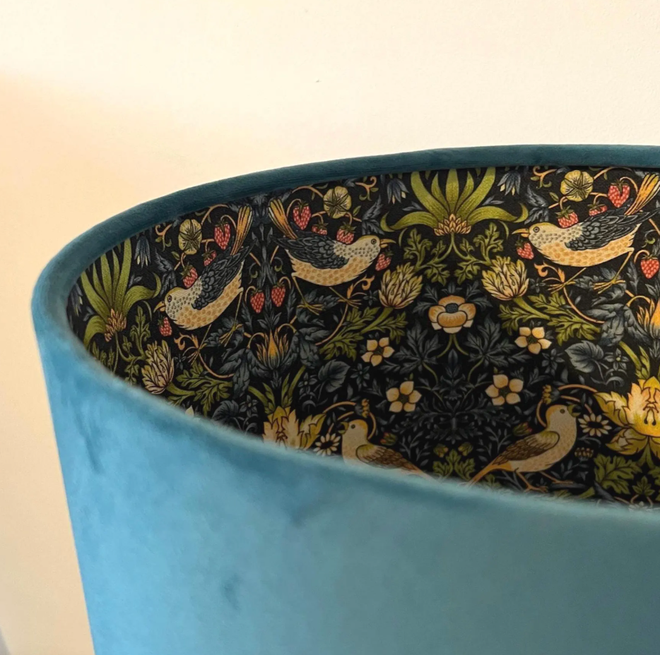 Teal Velvet &amp; Navy Strawberry Thief Double Sided Drum Lampshade | Handmade Ceiling Light Shade | Bespoke UK