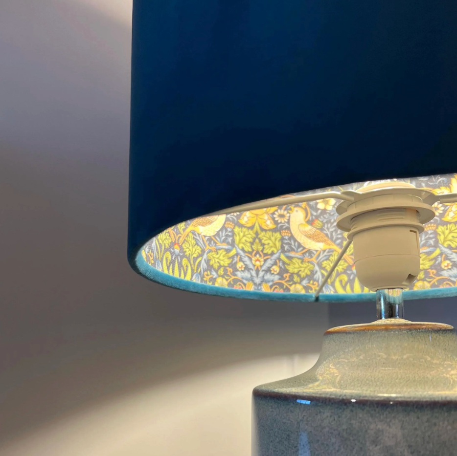 Teal Velvet &amp; Navy Strawberry Thief Double Sided Drum Lampshade | Handmade Ceiling Light Shade | Bespoke UK