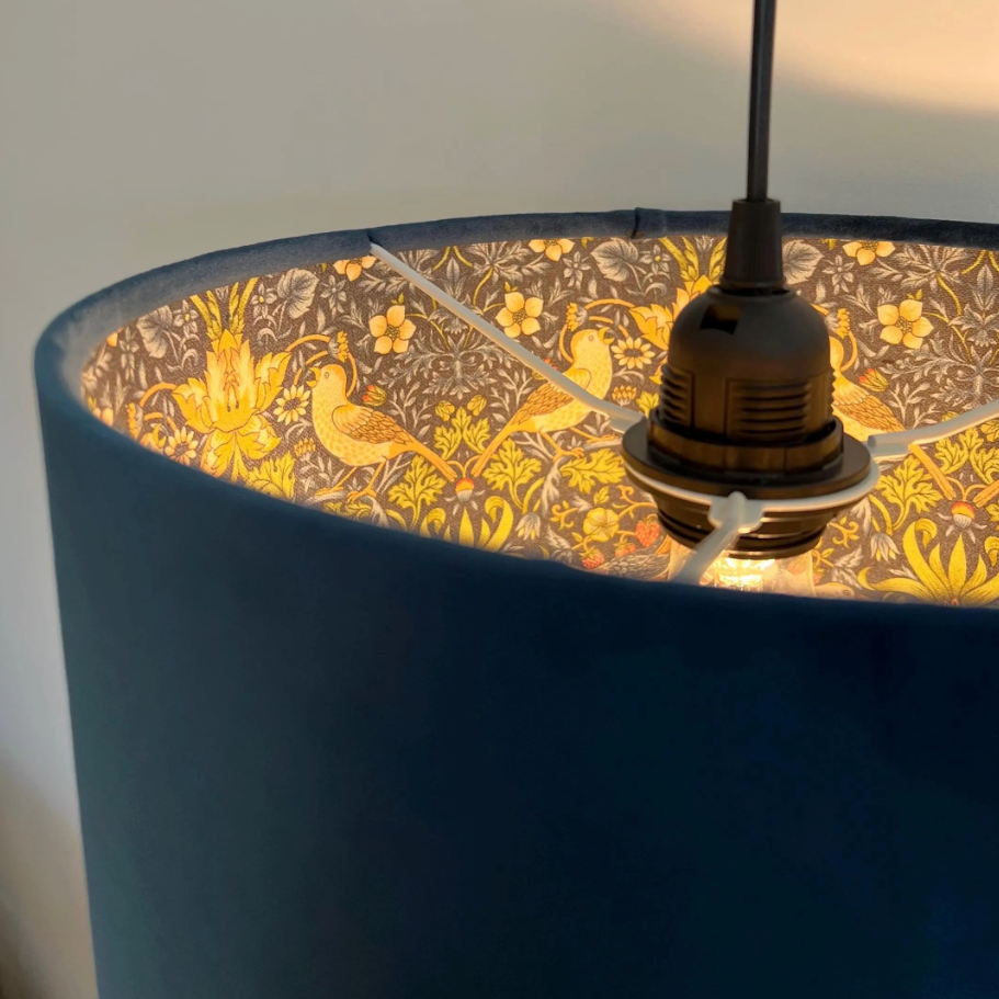 Navy Velvet &amp; Navy Strawberry Thief Double Sided Drum Lampshade | Handmade Ceiling Light Shade | Bespoke UK