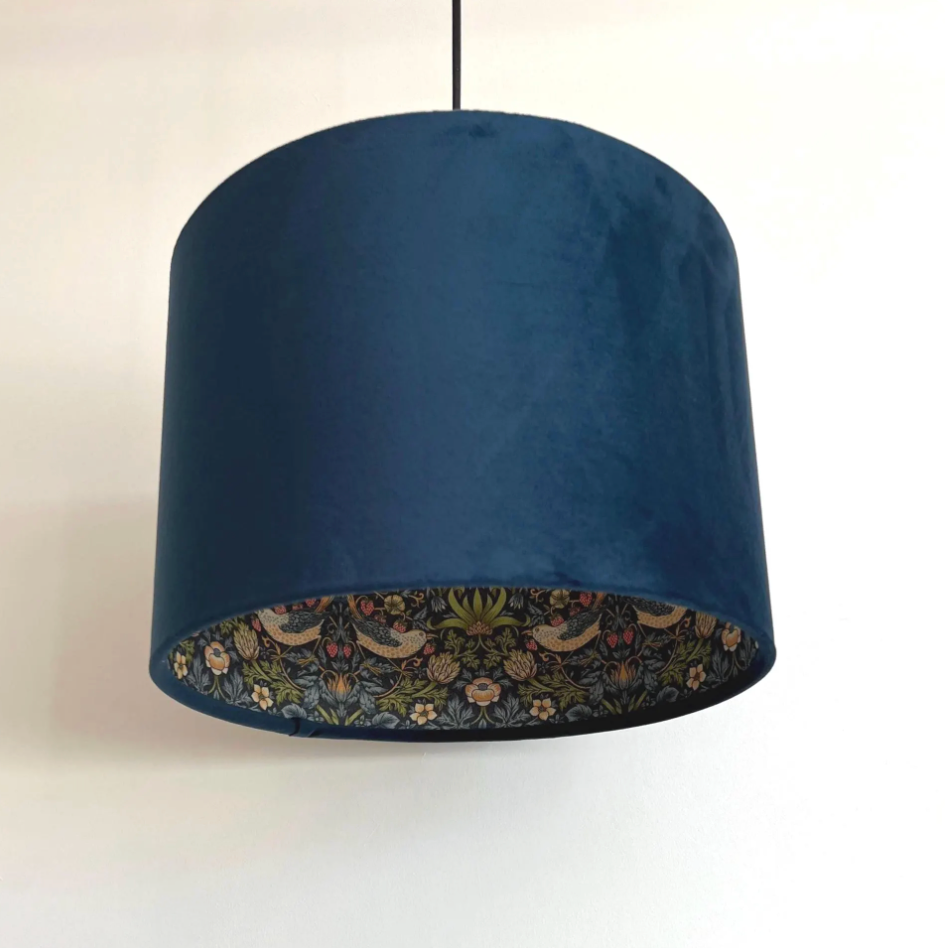 Navy Velvet &amp; Navy Strawberry Thief Double Sided Drum Lampshade | Handmade Ceiling Light Shade | Bespoke UK