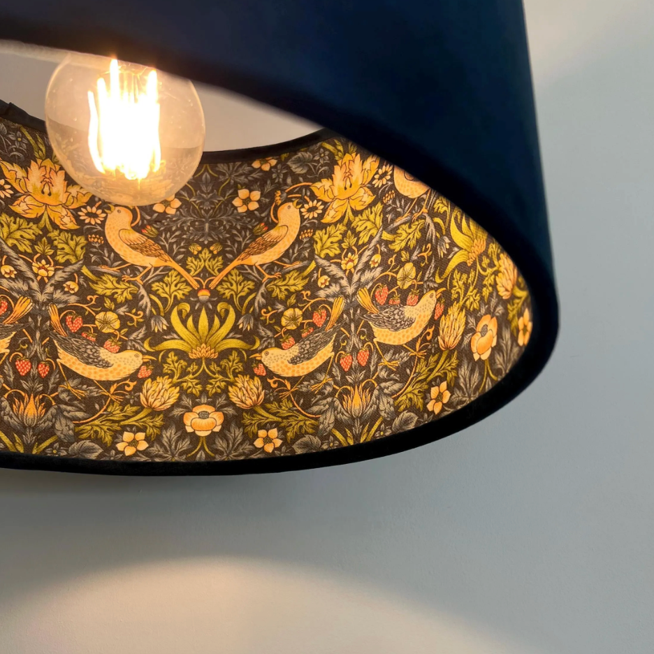 Navy Velvet &amp; Navy Strawberry Thief Double Sided Drum Lampshade | Handmade Ceiling Light Shade | Bespoke UK